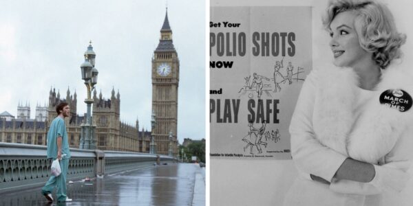 A wanderer on London Bridge wearing a hospital gown on the left; a picture of Marilyn Monroe in front of a Polio awareness poster on the right