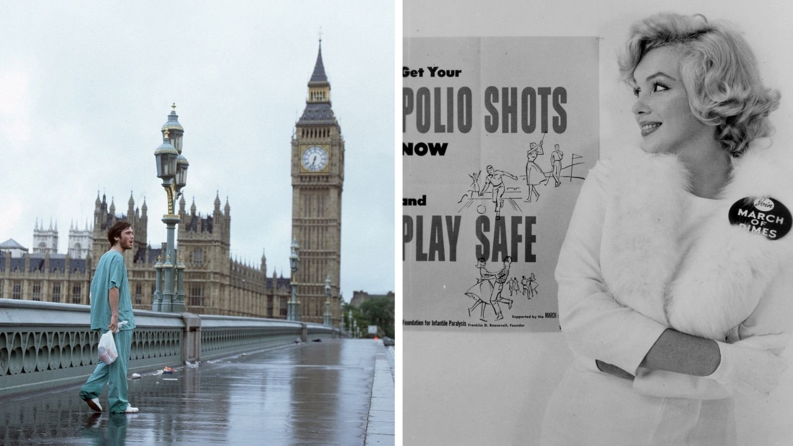 A wanderer on London Bridge wearing a hospital gown on the left; a picture of Marilyn Monroe in front of a Polio awareness poster on the right