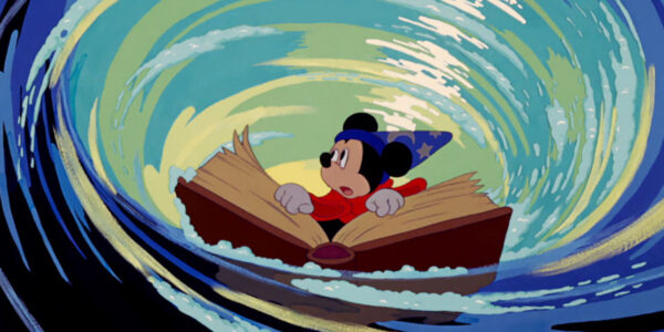 Mickey Mouse holding a huge book of spells as he swirls in a whirlpool.
