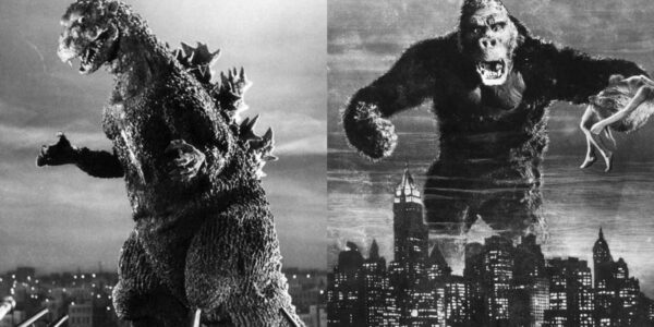 Godzilla destroying a city on the left, and King Kong towering over Manhattan on the right