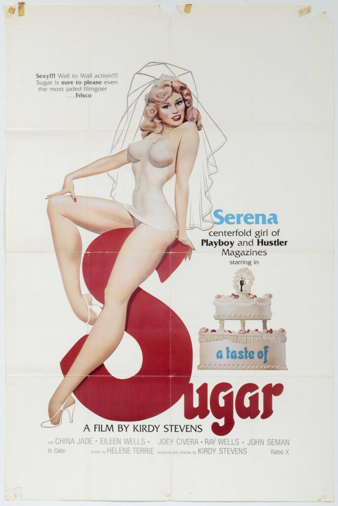 Poster featuring a woman in lingerie sitting on top of the letter S in the word Sugar
