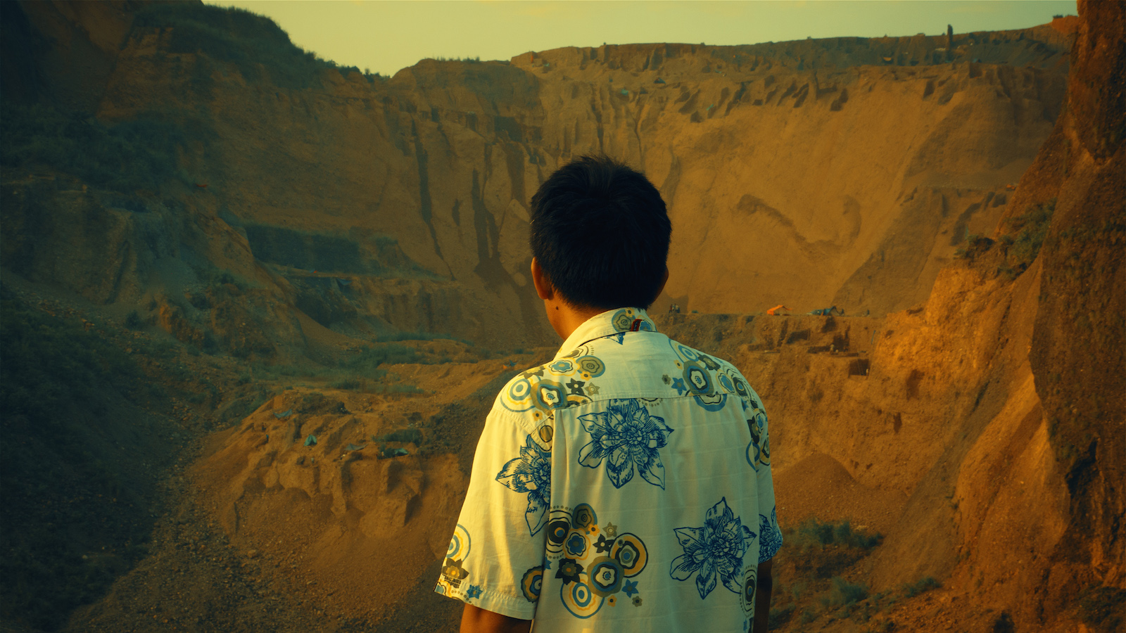 A man in a print shirt looks away from the camera towards a quarry