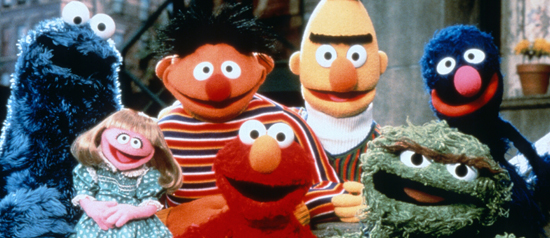 Sesame Street (PBS) 1969 to present
Shown from left: Cookie Monster, Prarie Dawn, Ernie, Elmo, Bert, Oscar the Grouch, Grover