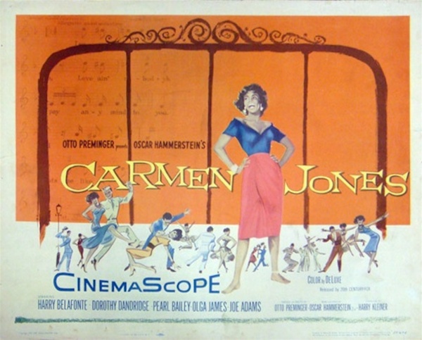 A poster of Carmen Jones featuring an illustration of Dorothy Dandridge singing and smiling
