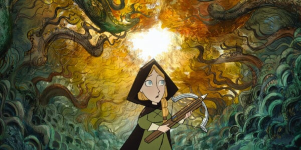 An animated young woman in a hood with a bow and arrow in a forest
