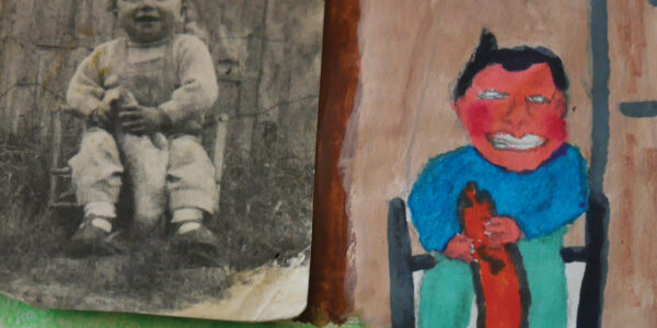 Two images of boys: a photograph on the left and a drawing on the right