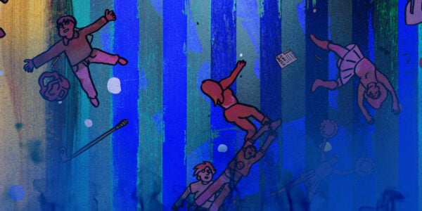An animated image of teenagers falling through a blue and green psychedelic space