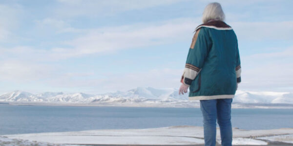 A woman, her back to the camera, stares out at an Icelandic frozen landscape.
