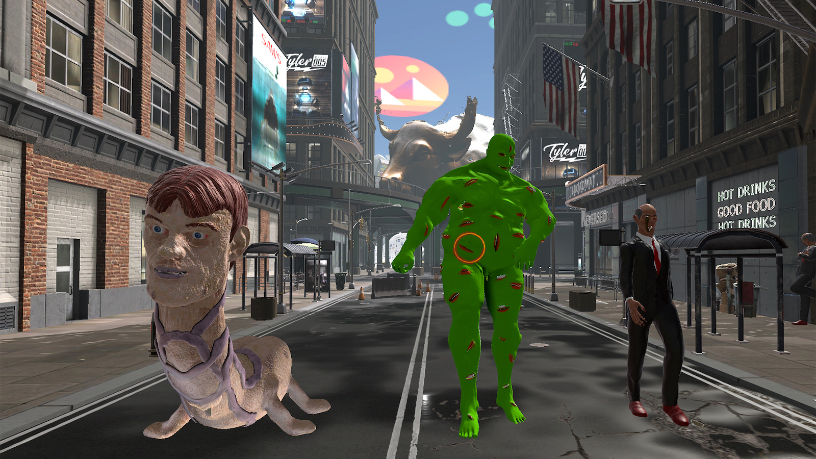 Strange creatures, including a green giant and a huge worm with a human head, walk down an empty New York City street in an animated video game world.