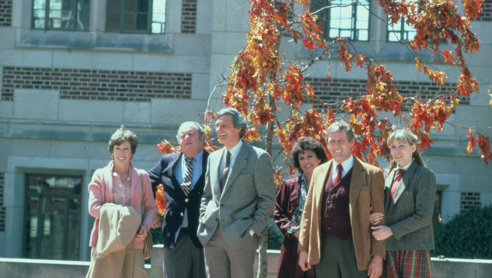 A group of six adult friends line up in front of a brightly colored autumn tree.