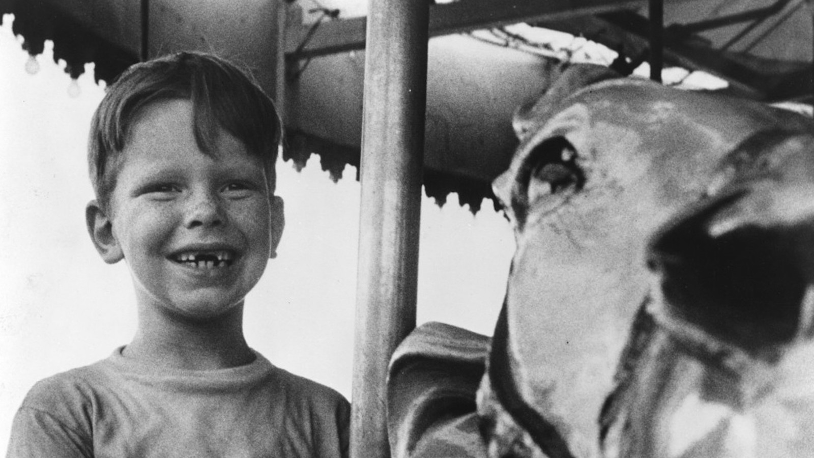 A young boy smiles while sitting on a carousel.