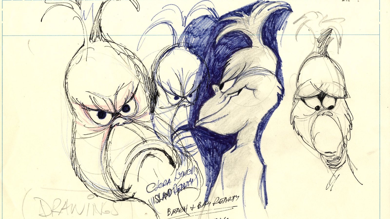 Four sketches of the Grinch animated character in black and white