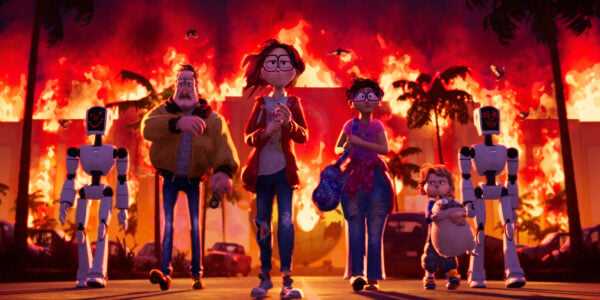 An animated family and some robots walk towards the camera with fire behind them