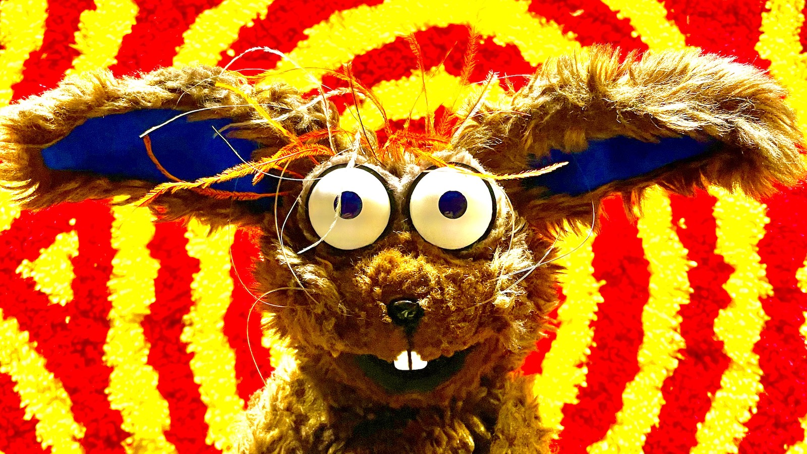 A brown rabbit puppet with blue ears smiles at camera