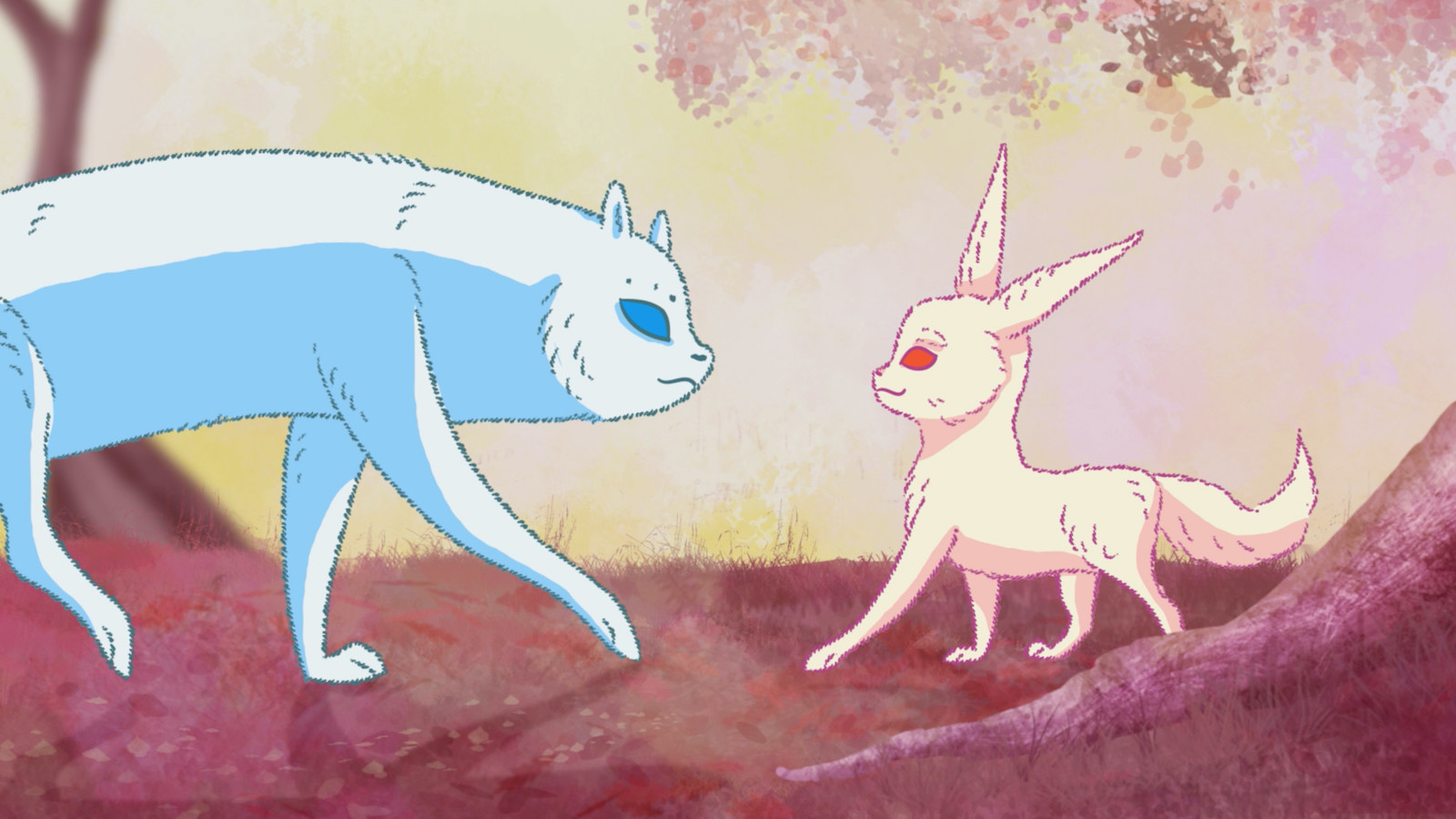 colorful drawing of big blue fox confronting a smaller red fox