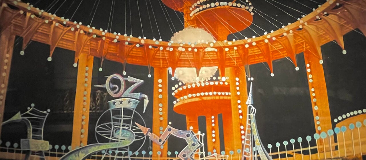 An orange and fellow artist's rendering of the Oz set from the movie THE WIZ