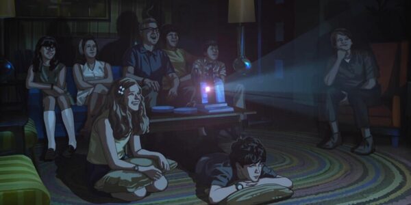 An animated image of a family watching projected film on a wall