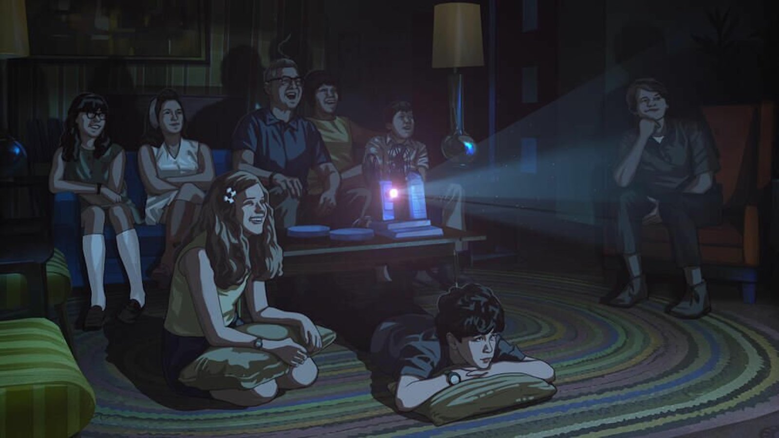 An animated image of a family watching projected film on a wall