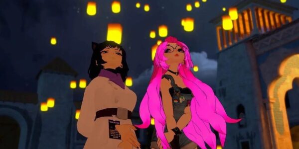 Two animated women, one brunette and one with long pink hair, look up to the sky against a backdrop of glowing floating lanterns