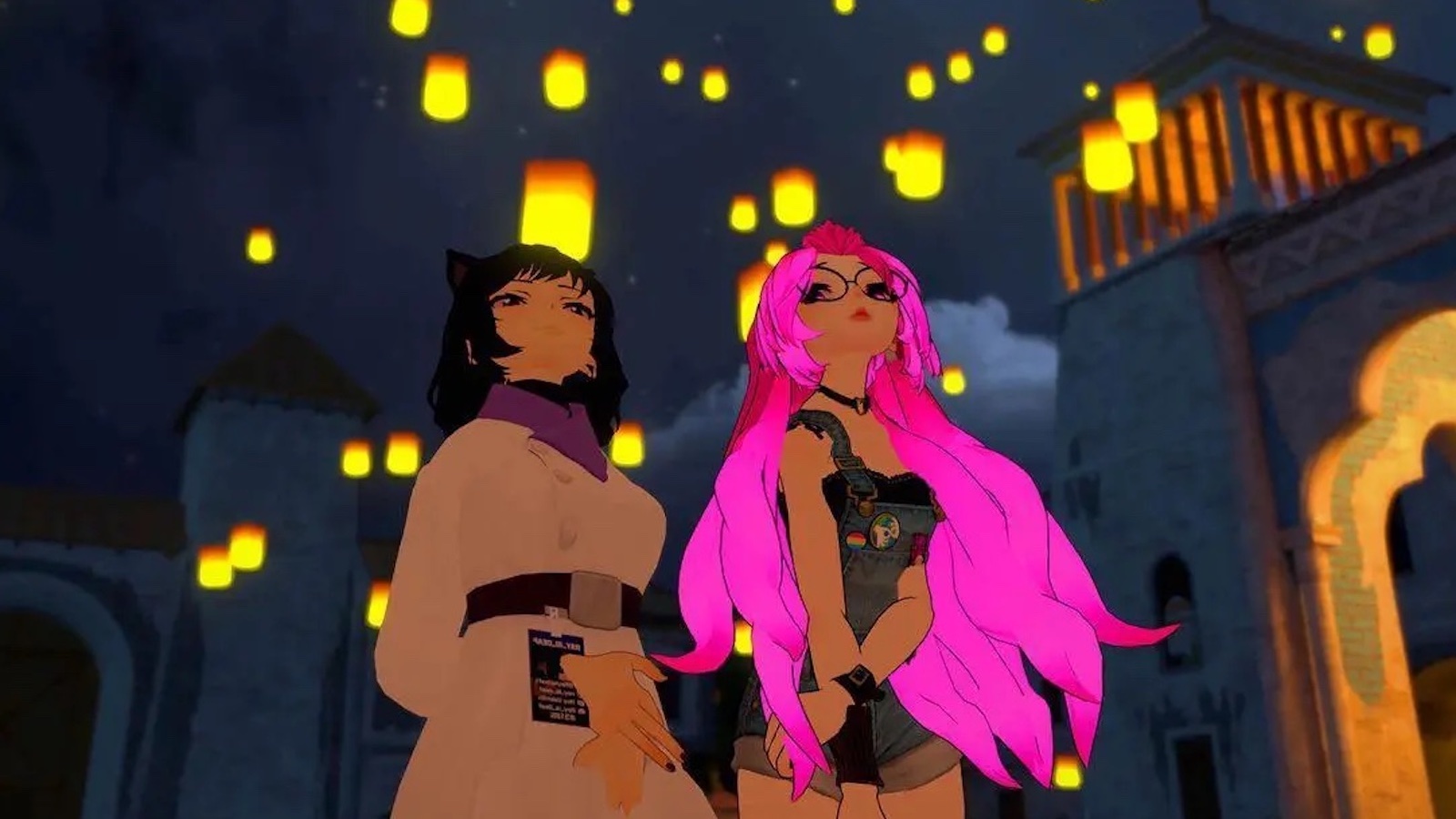 Two animated women, one brunette and one with long pink hair, look up to the sky against a backdrop of glowing floating lanterns
