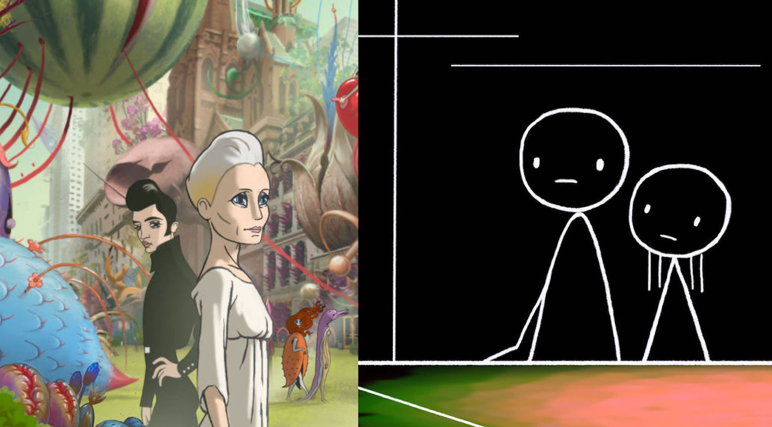 Images from animated films, on the left a white haired female character looks around at a fantastical green world; on the right, two sad stick figures in white stand against a blank black background