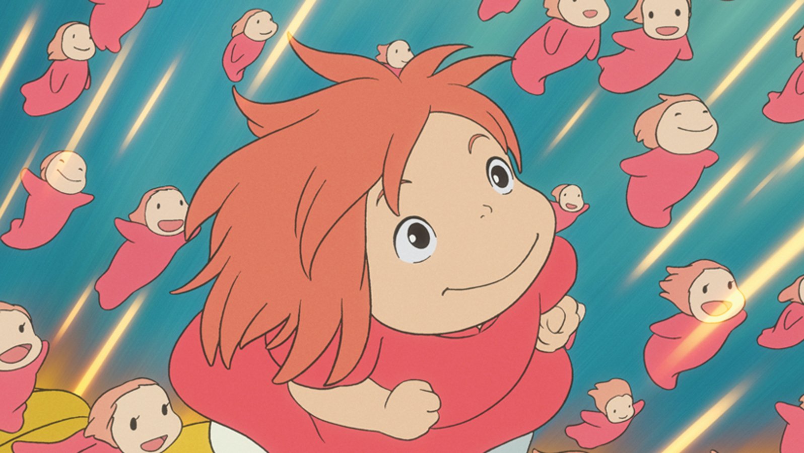 a red-headed girl in a red dress swims with small fish creatures that look like her