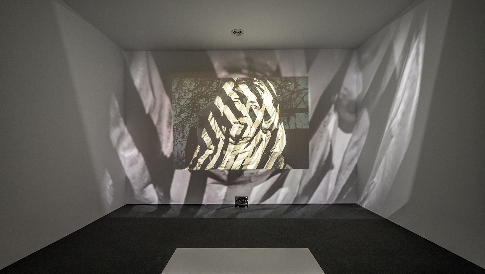 A gallery with a screen showing a statue's face, over which is projected black and white stripes that also emerge out of the screen onto the walls of the gallery