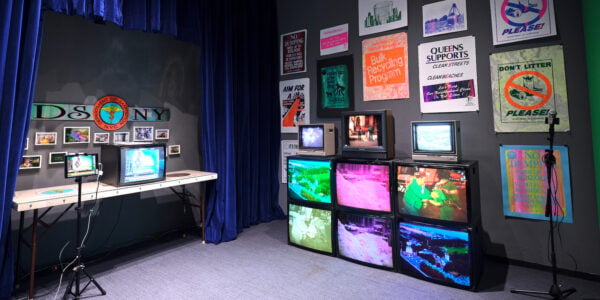 Six televisions broadcasting colorful images, stacked atop each other in two rows, with a computer screen on a desk to the left