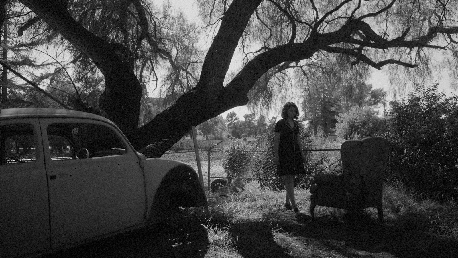 A black and white shot of a woman standing under a tree outdoors and facing a chair