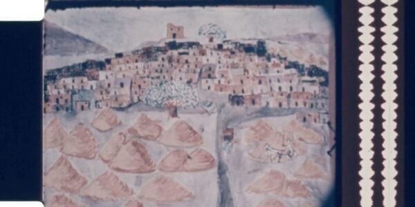A celluloid image of a drawing of a middle-eastern village