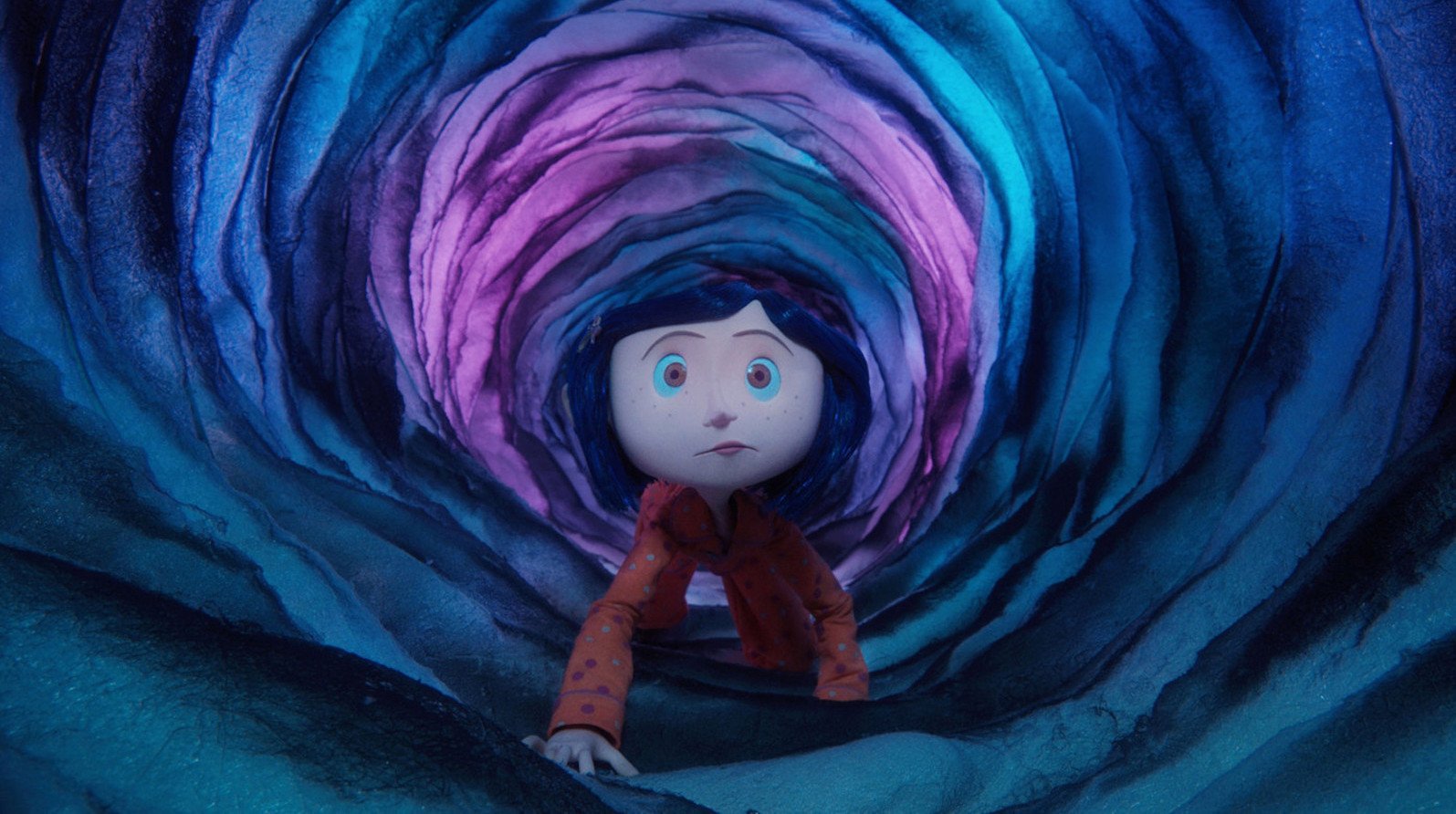 An animated girl crawls through a purple and blue tunnel.