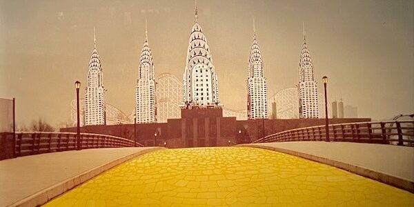 A drawing of a yellow brick road leading to New York City's Chrysler Building.
