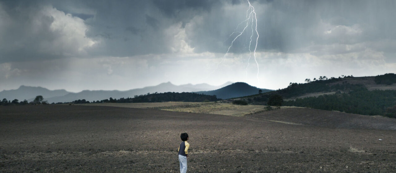 A child stands in a field and looks at a bolt of chain lightning in the sky