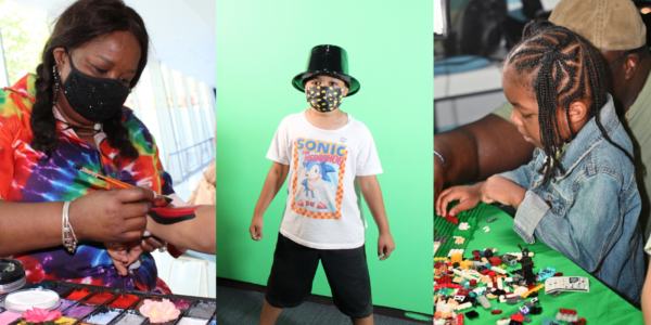 images of a black woman makeup artist painting on a child's arm, a boy in front of a green screen, and young girl playing with legos
