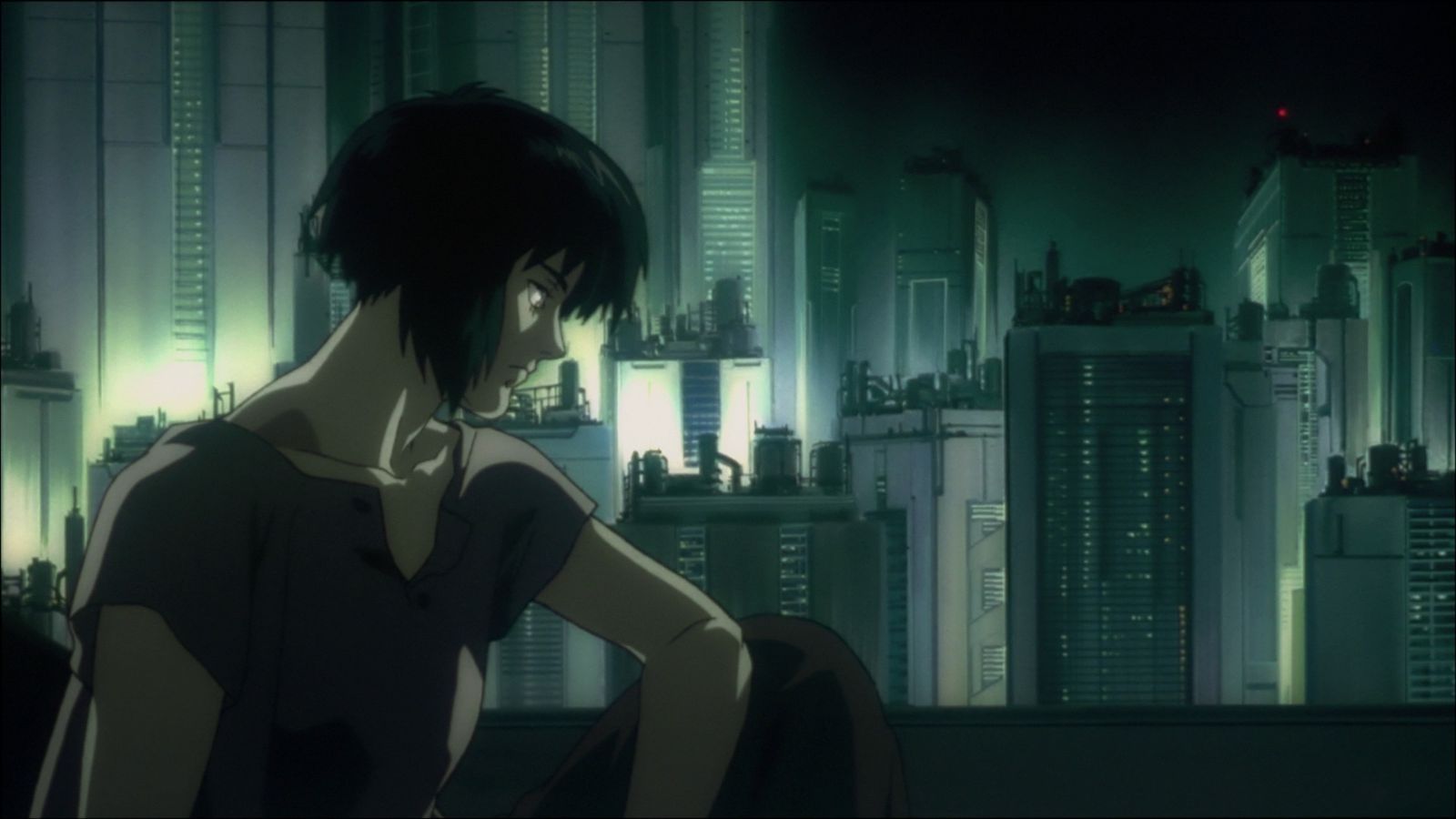 an animated image of a woman sitting in profile against a gloomy grey cityscape