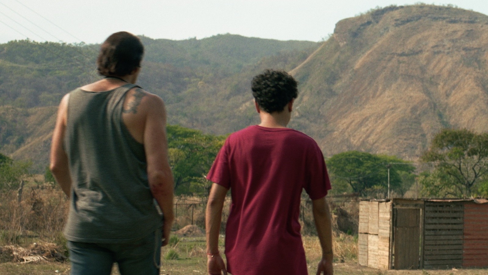 From behind, two people, an older man and a young man walk into a landscape surrounded by mountains