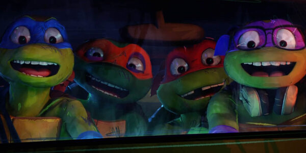 For animated turtles sit in a car with their mouths open in surprise