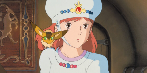 An animated image of a red-headed woman in white with a strange squirrel-like creature on her shoulder.