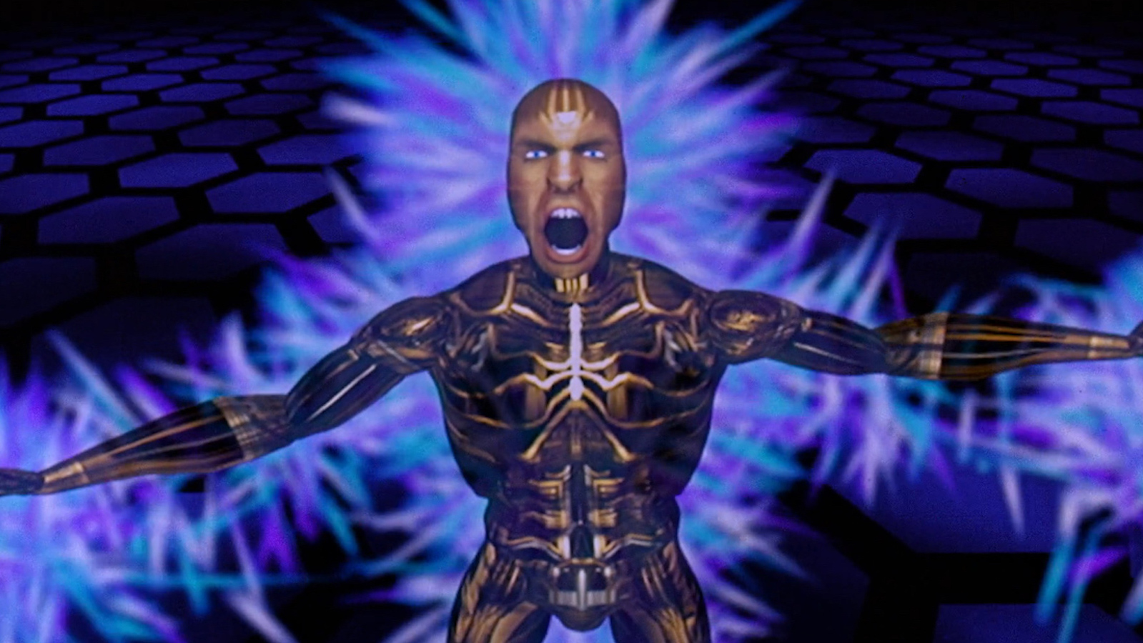 A CGI animated figure with its arms stretched out and wide gaping mouth looking at camera with angry expression