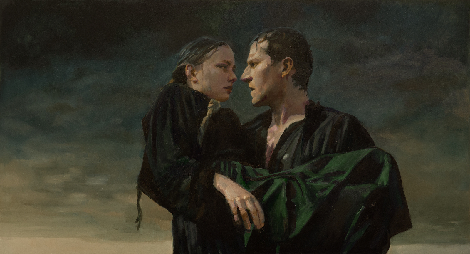 An oil painting style image of a man holding a woman in his arms against a dark clouded sky