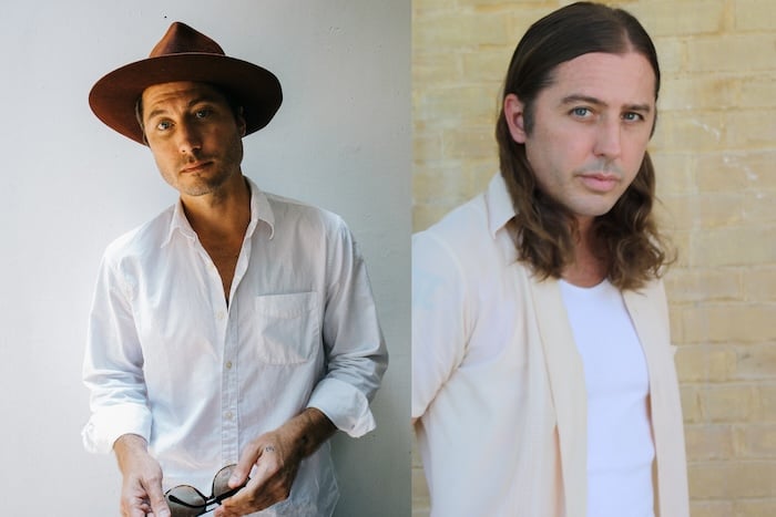 A diptych images of two people, one in hat on the left, one with long hair on the right, both looking in camera posing for picture