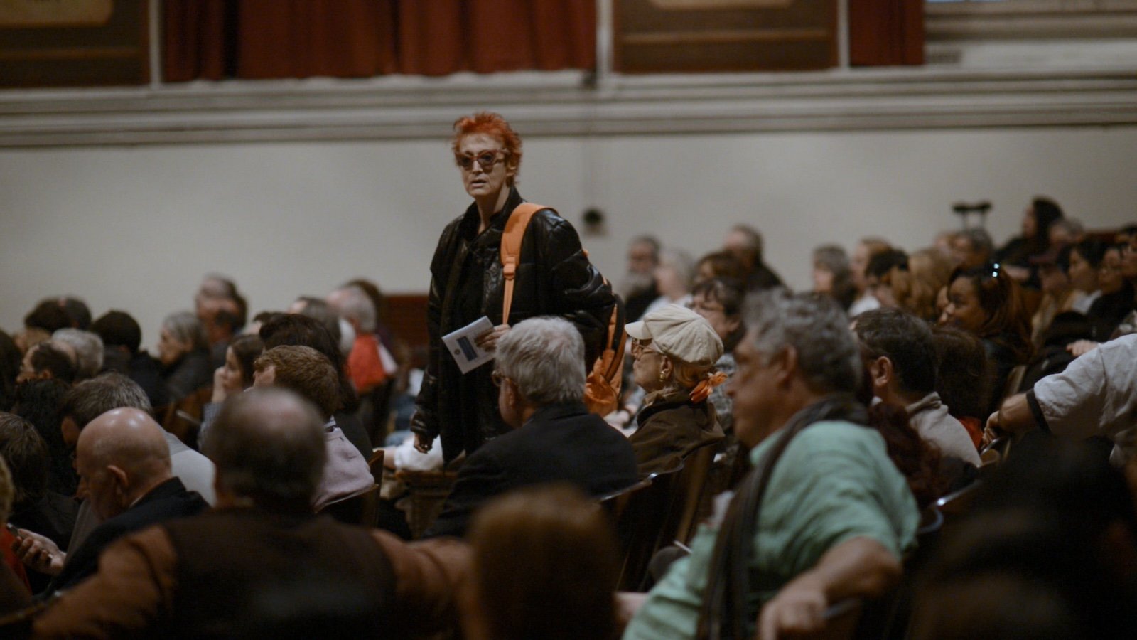 A middle aged woman with short spiky red hair stands amidst a group of people sitting in an auditorium...they all look forward, she looks to her left.