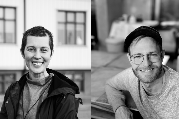 A diptych of two people in black and white smiling into camera