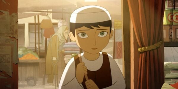 An animated image of a young boy with a white hat holding a bag strap over his shoulder