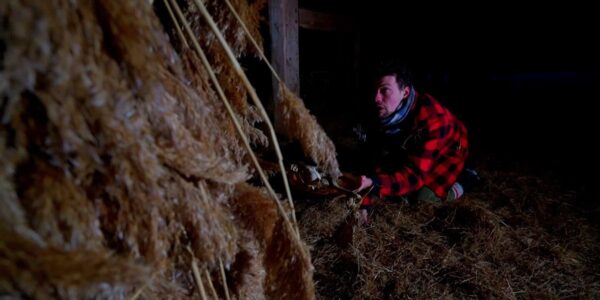 A man crouches in pile of hay in a barn, wearing a red checkered coat and looking up in a panic