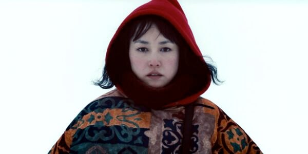 A woman in a wintry white landscape stares at camera. wearing a red hood and multi-colored parka