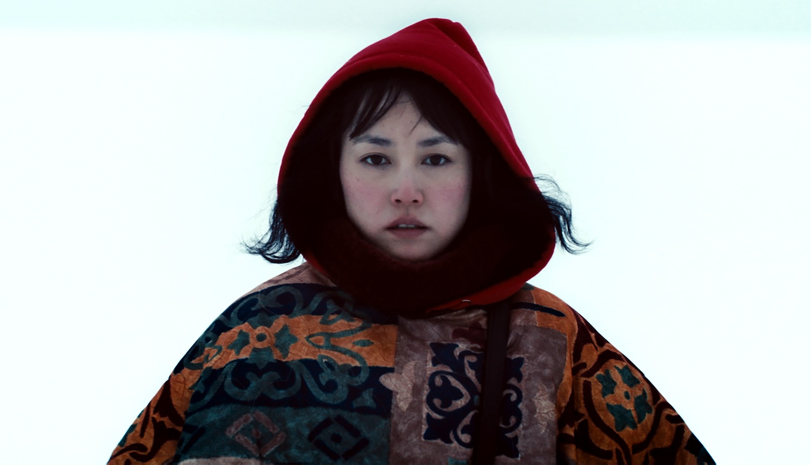 A woman in a wintry white landscape stares at camera. wearing a red hood and multi-colored parka
