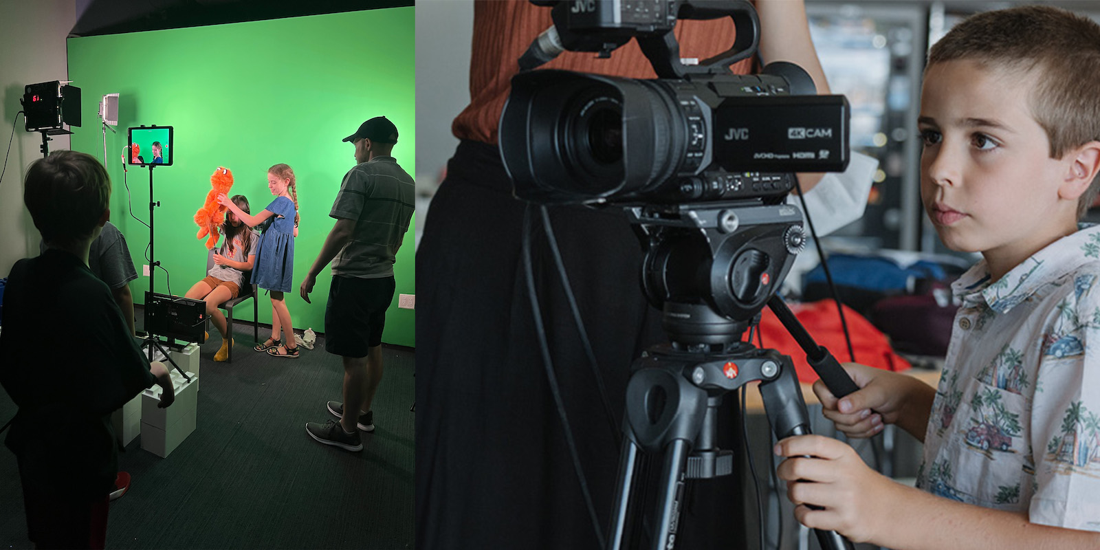 A diptych of images: on the left, two children with long hair hold an orange puppet in front of a green screen in a film studio; they are also on a monitor in front of them, with the silhouette of a child with short hair standing with his back to the camera in the foreground; an older person, perhaps a teacher, stands to the right; on the right side image, a young boy with short hair stands behind a video camera and looks through the viewfinder