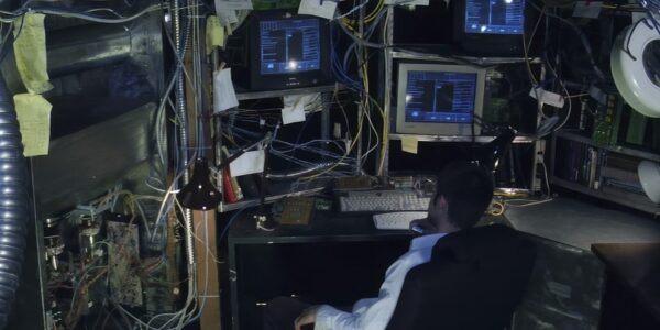 A man, seen from behind, in white shirt its behind a desk surrounded by shelves of messy TV monitors and exposed wiring