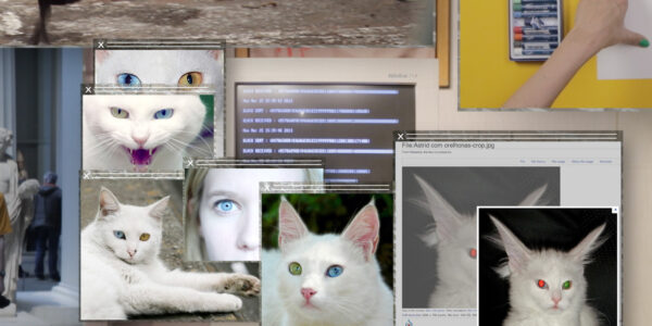 A variety of computer windows showing white cats looking at camera, hovering in front of a retro desktop computer